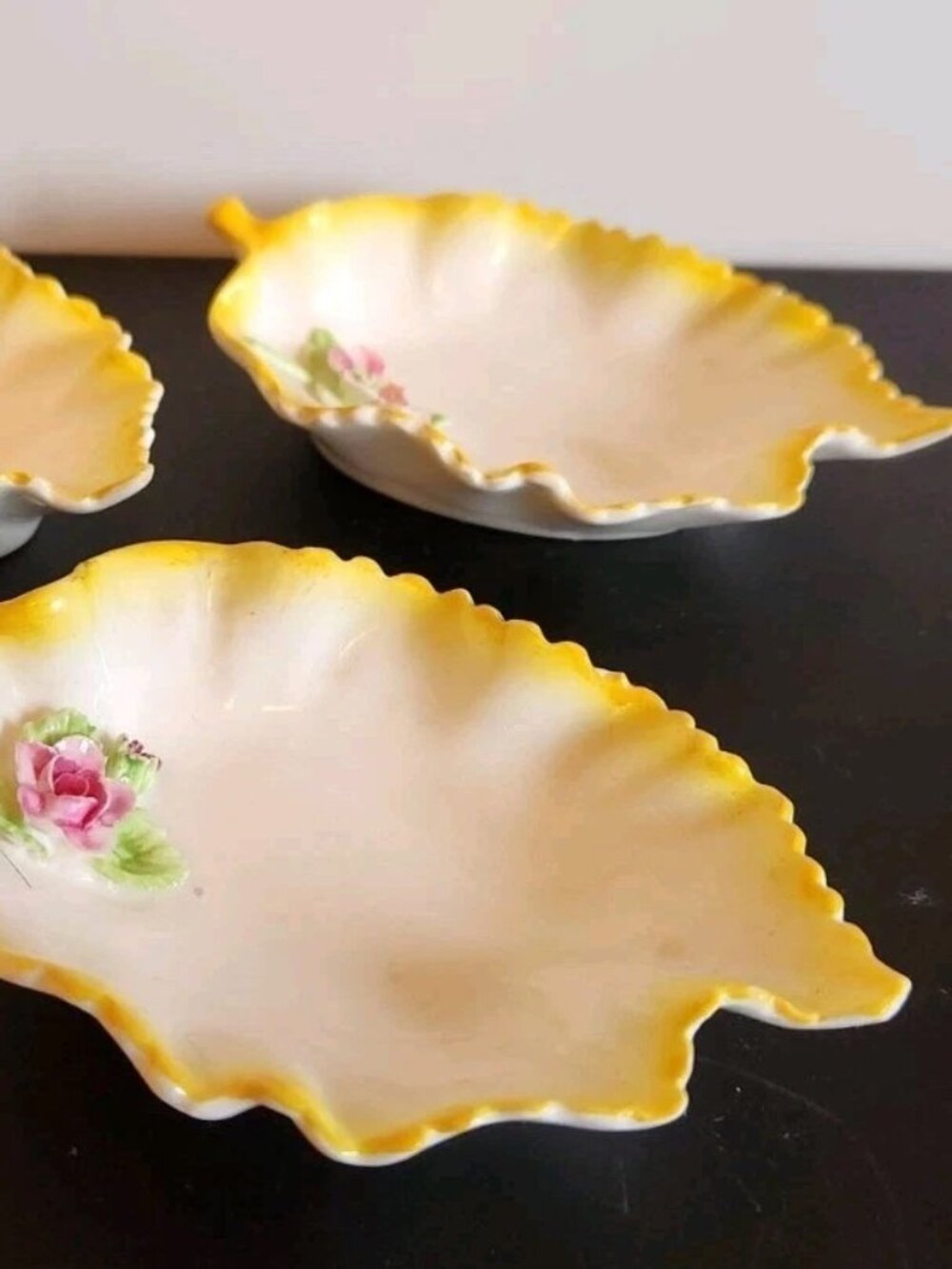 Antique Flowers on Leaf England Vintage Denton Bone China Butter Pats Pin Dishes